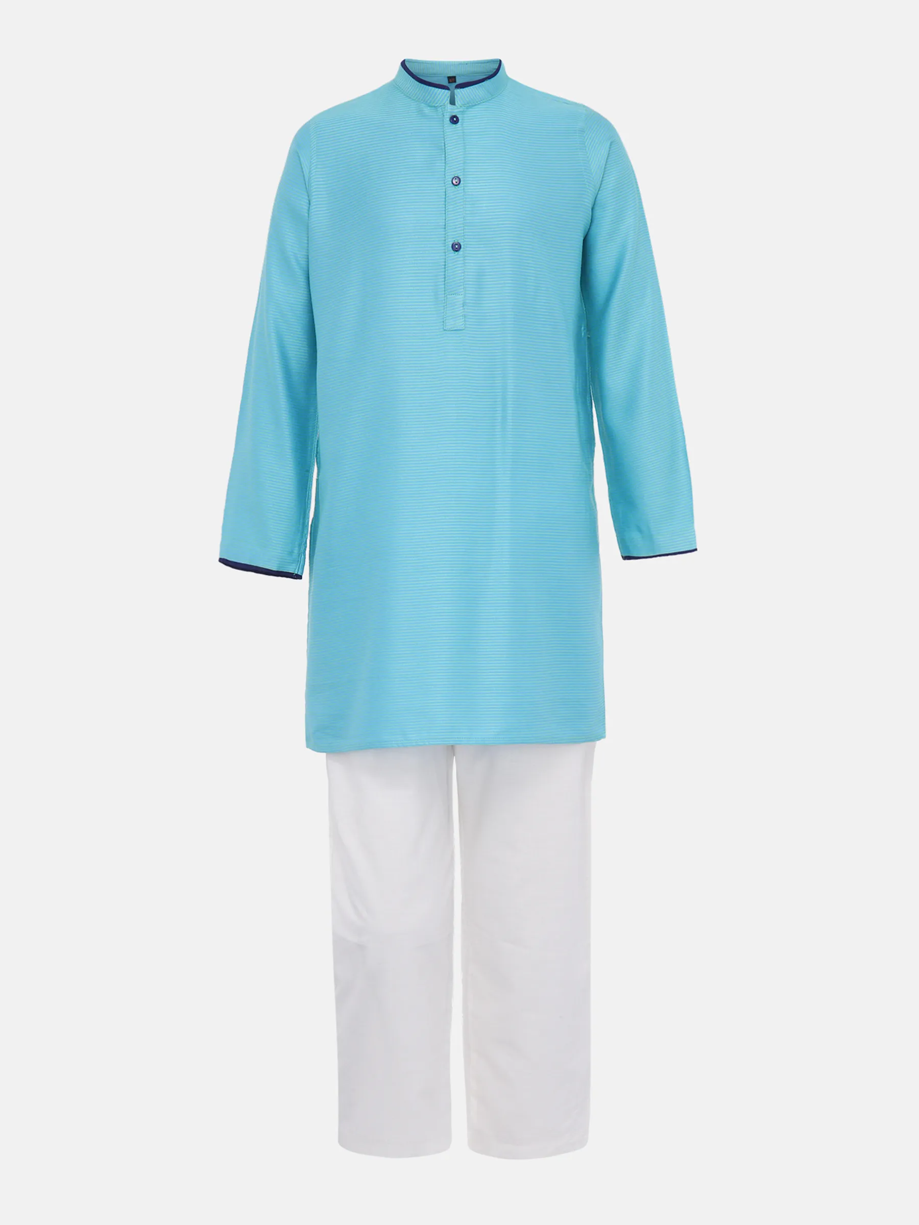 Blue Striped Viscose-Cotton Panjabi Pajama Set